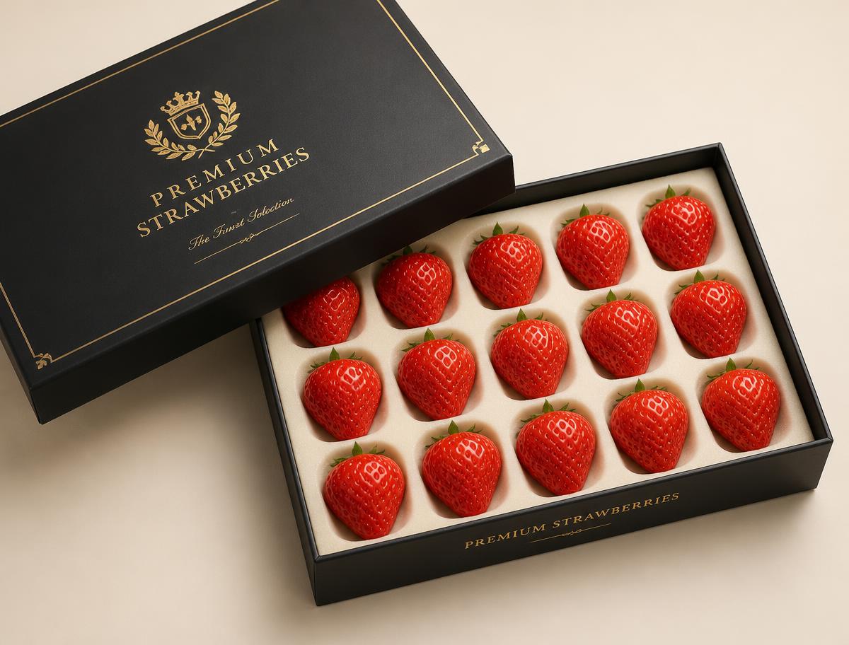 Premium strawberry gift box with gold-foil detail