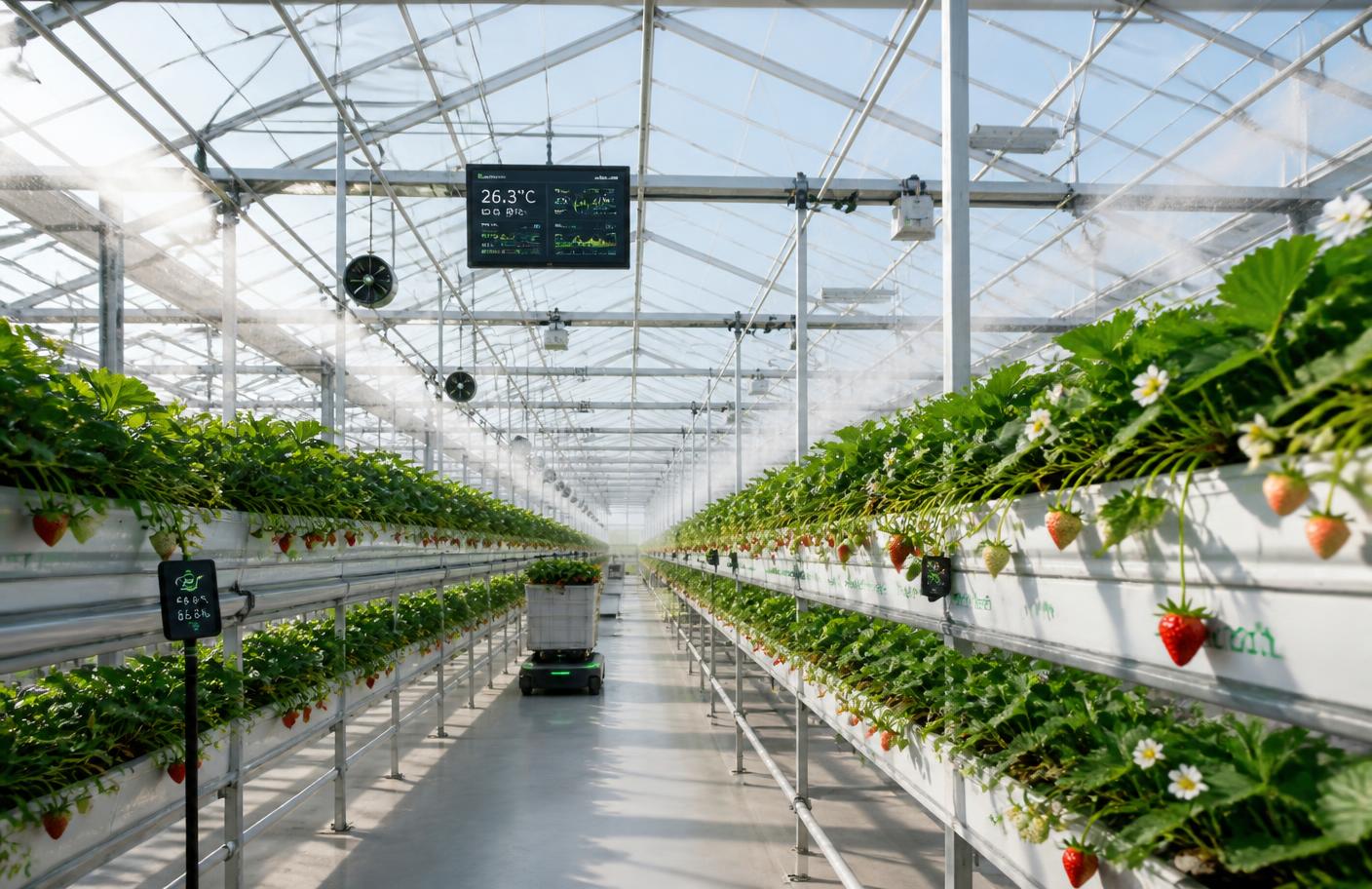 Elevated hydroponic strawberry gutters inside a controlled greenhouse
